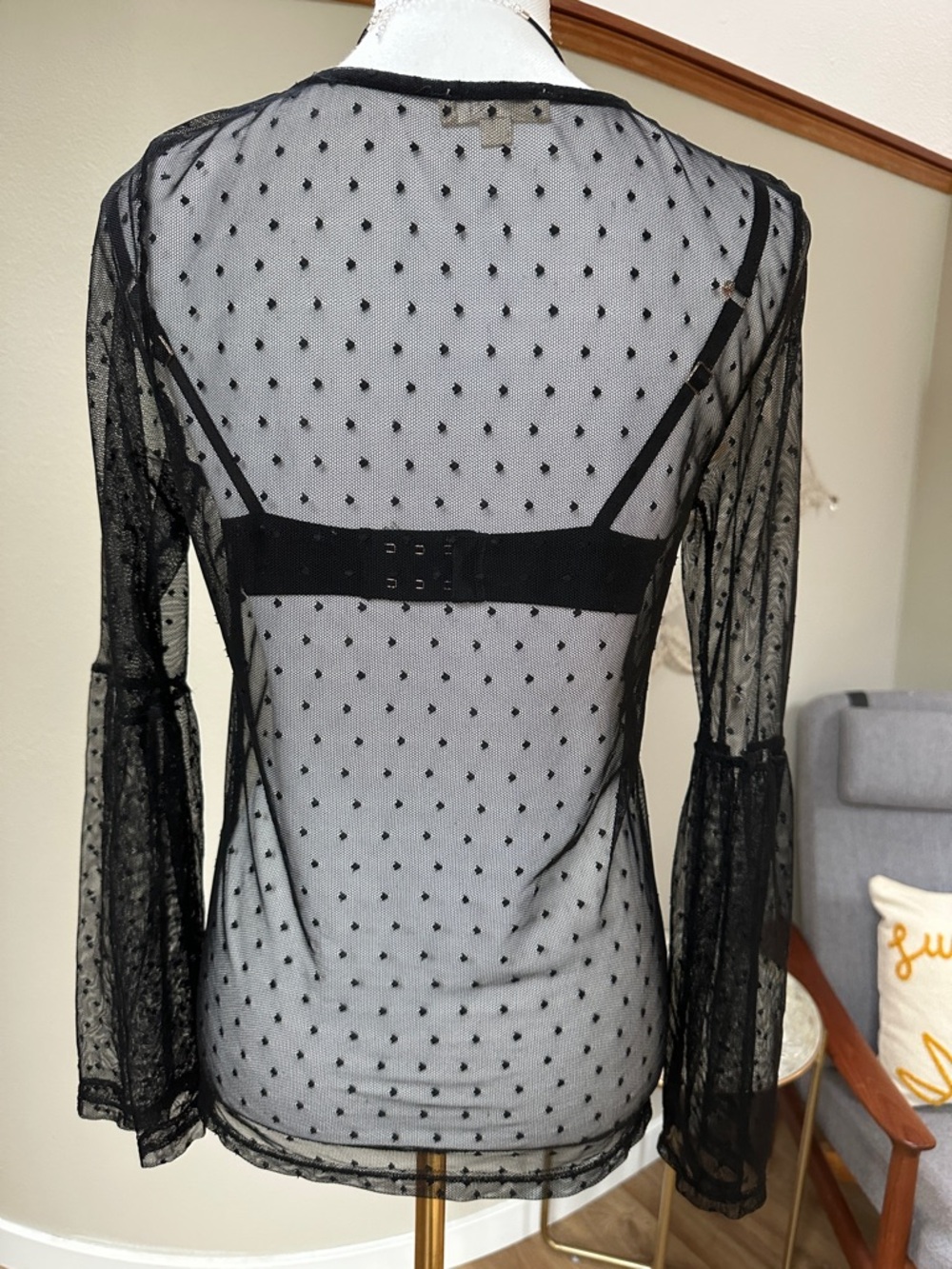 Whimsigoth sheer black Swiss dot long sleeve top with bell sleeves - Picture 4 of 8